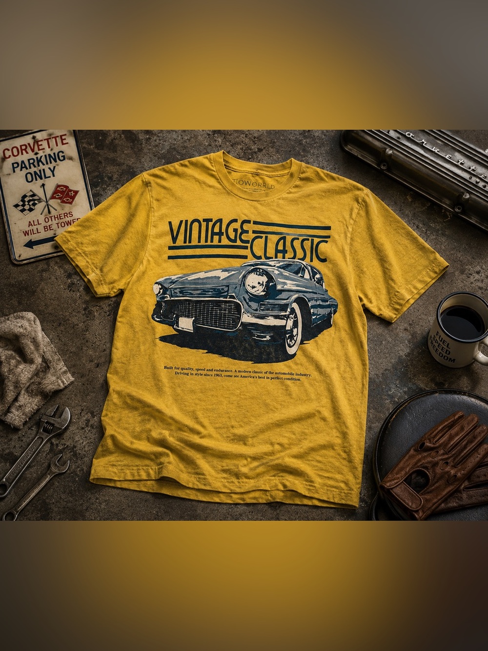 Bioworld Vintage Classic Car Graphic Tee Yellow Retro Auto Shirt Sz